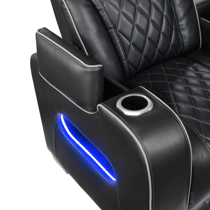 9516BLK-2PWH Power Double Reclining Love Seat with Center Console, Power Headrests, Storage Arms(Top and Side), Cup holders, Charging Ports and LED lighting - 9516BLK-2PWH