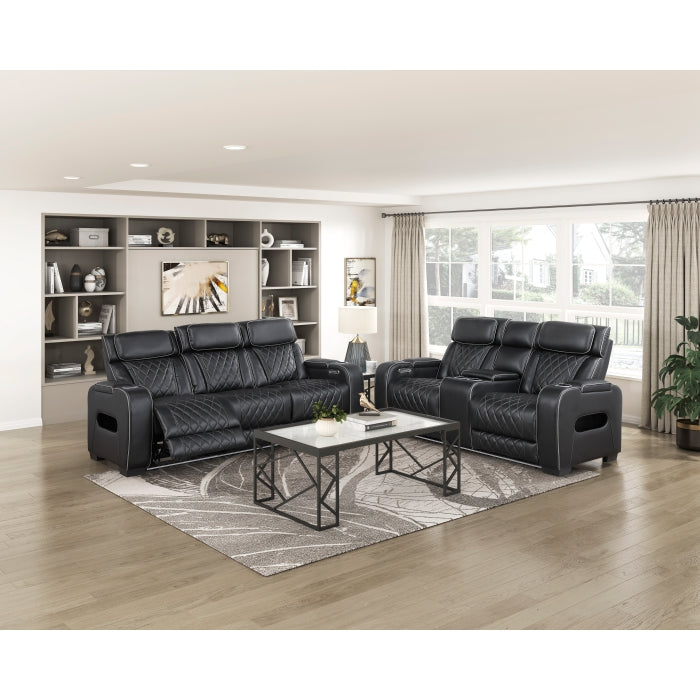 9516BLK-2PWH Power Double Reclining Love Seat with Center Console, Power Headrests, Storage Arms(Top and Side), Cup holders, Charging Ports and LED lighting - 9516BLK-2PWH
