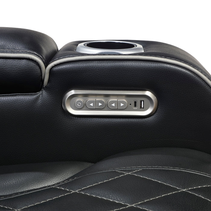 9516BLK-3PWH Power Double Reclining Sofa with Center Drop-Down Cup Holders, Power Headrests, Storage Arms(Top and Side), Cup holders and Reading Lights, Two Wireless Chargers, Charging Ports and LED Lighting - 9516BLK-3PWH