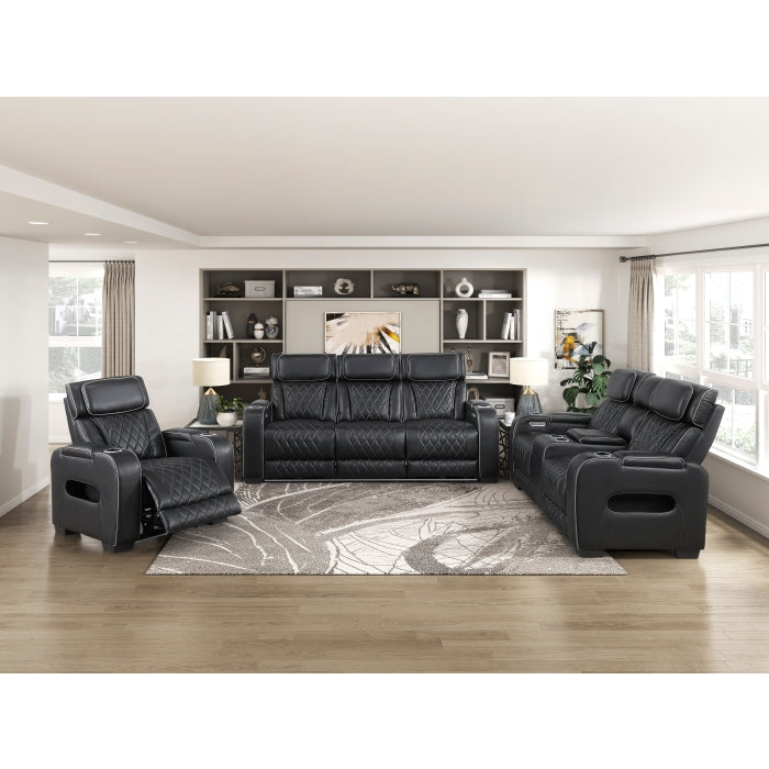 9516BLK-3PWH Power Double Reclining Sofa with Center Drop-Down Cup Holders, Power Headrests, Storage Arms(Top and Side), Cup holders and Reading Lights, Two Wireless Chargers, Charging Ports and LED Lighting - 9516BLK-3PWH