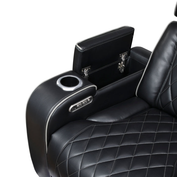 9516BLK-3PWH Power Double Reclining Sofa with Center Drop-Down Cup Holders, Power Headrests, Storage Arms(Top and Side), Cup holders and Reading Lights, Two Wireless Chargers, Charging Ports and LED Lighting - 9516BLK-3PWH