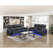 9516BLK-3PWH Power Double Reclining Sofa with Center Drop-Down Cup Holders, Power Headrests, Storage Arms(Top and Side), Cup holders and Reading Lights, Two Wireless Chargers, Charging Ports and LED Lighting - 9516BLK-3PWH