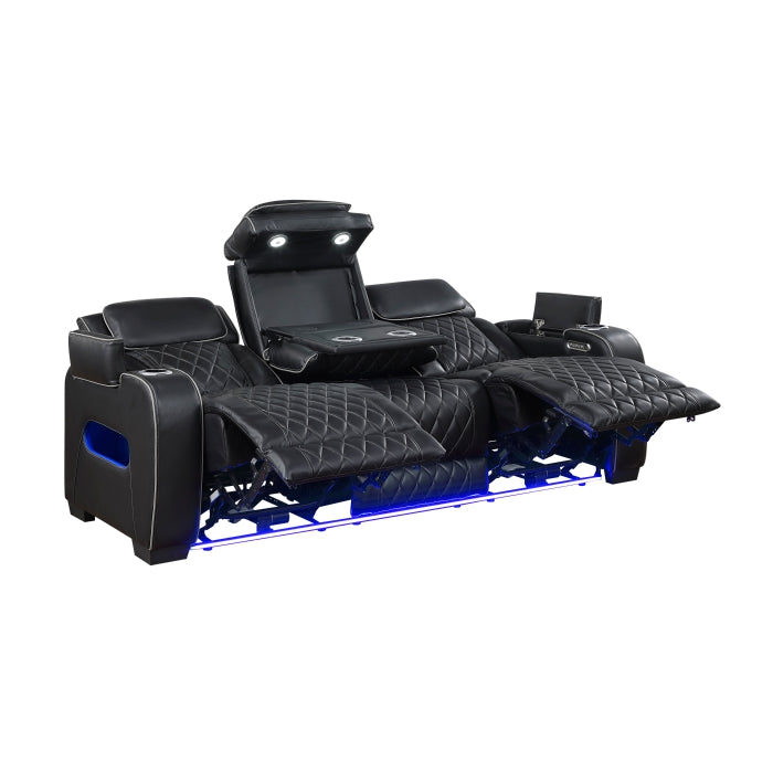 9516BLK-3PWH Power Double Reclining Sofa with Center Drop-Down Cup Holders, Power Headrests, Storage Arms(Top and Side), Cup holders and Reading Lights, Two Wireless Chargers, Charging Ports and LED Lighting - 9516BLK-3PWH