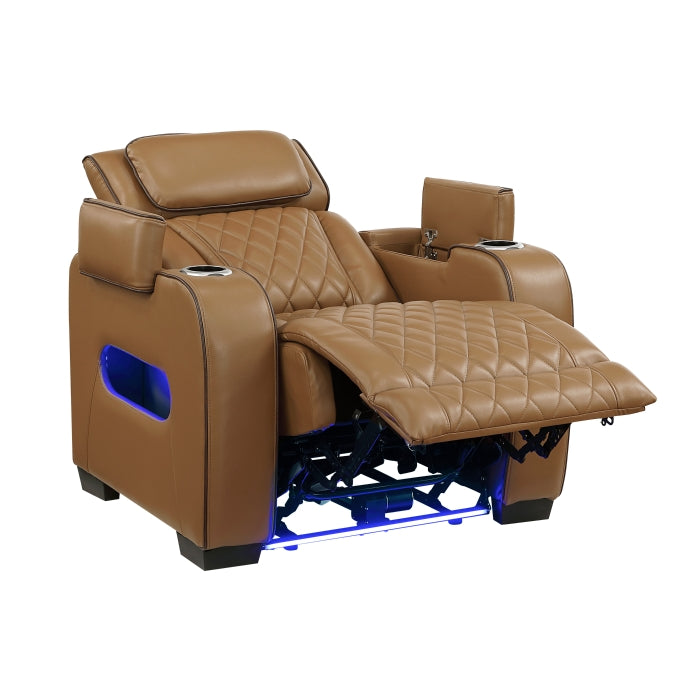 9516BRW-1PWH Power Reclining Chair with Power Headrest, Cup holders and Storage Arms(Top and Side), Charging Ports and LED lighting - 9516BRW-1PWH