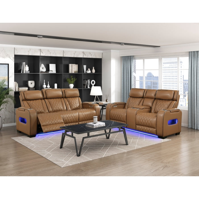 9516BRW-2PWH Power Double Reclining Love Seat with Center Console, Power Headrests, Storage Arms(Top and Side), Cup holders, Charging Ports and LED lighting - 9516BRW-2PWH