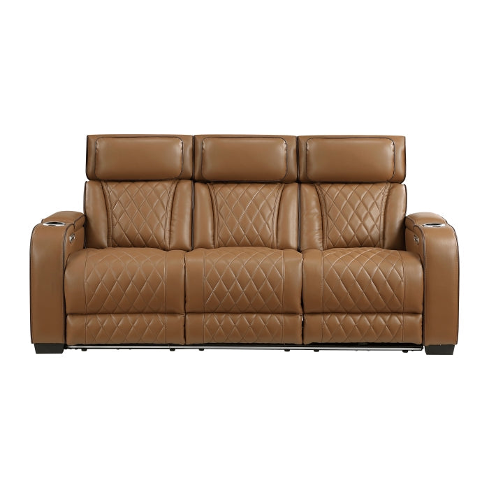 9516BRW-3PWH Power Double Reclining Sofa with Center Drop-Down Cup Holders, Power Headrests, Storage Arms(Top and Side), Cup holders and Reading Lights, Two Wireless Chargers, Charging Ports and LED Lighting - 9516BRW-3PWH