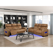 9516BRW-3PWH Power Double Reclining Sofa with Center Drop-Down Cup Holders, Power Headrests, Storage Arms(Top and Side), Cup holders and Reading Lights, Two Wireless Chargers, Charging Ports and LED Lighting - 9516BRW-3PWH