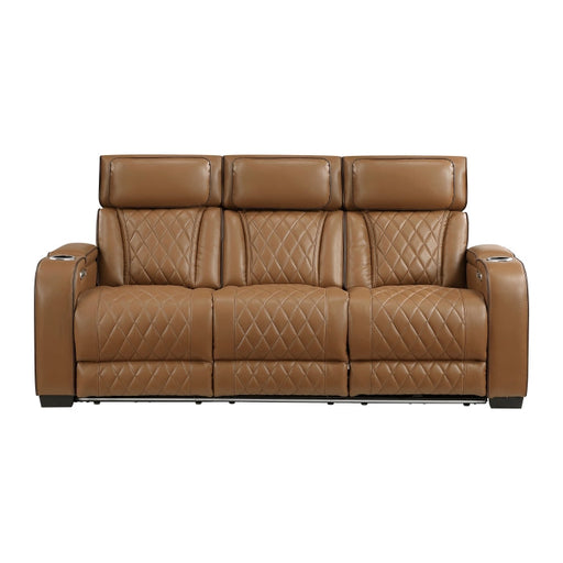 9516BRW-3PWH Power Double Reclining Sofa with Center Drop-Down Cup Holders, Power Headrests, Storage Arms(Top and Side), Cup holders and Reading Lights, Two Wireless Chargers, Charging Ports and LED Lighting - 9516BRW-3PWH