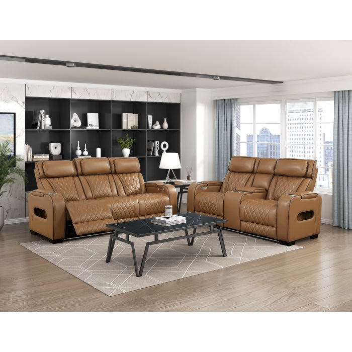 9516BRW-3PWH Power Double Reclining Sofa with Center Drop-Down Cup Holders, Power Headrests, Storage Arms(Top and Side), Cup holders and Reading Lights, Two Wireless Chargers, Charging Ports and LED Lighting - 9516BRW-3PWH