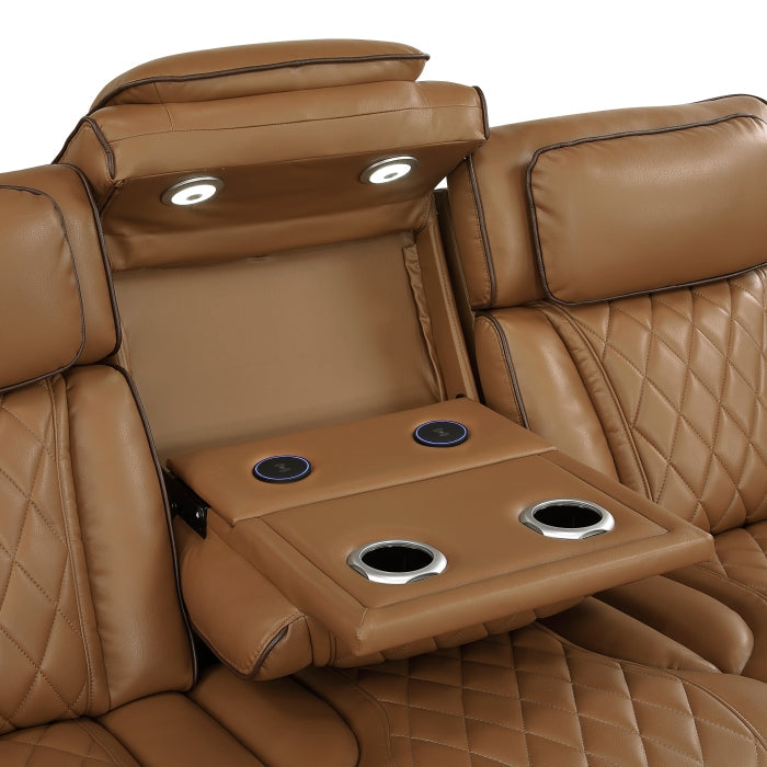 9516BRW-3PWH Power Double Reclining Sofa with Center Drop-Down Cup Holders, Power Headrests, Storage Arms(Top and Side), Cup holders and Reading Lights, Two Wireless Chargers, Charging Ports and LED Lighting - 9516BRW-3PWH