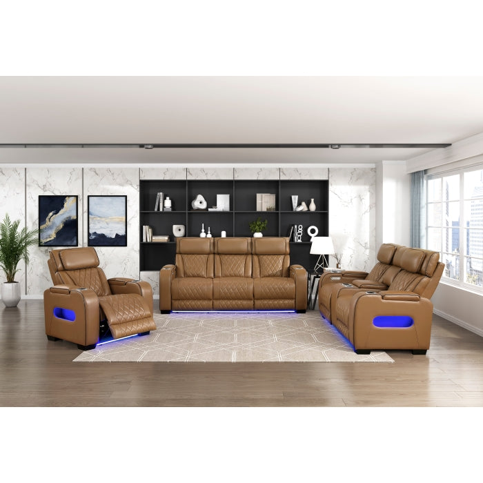9516BRW-3PWH Power Double Reclining Sofa with Center Drop-Down Cup Holders, Power Headrests, Storage Arms(Top and Side), Cup holders and Reading Lights, Two Wireless Chargers, Charging Ports and LED Lighting - 9516BRW-3PWH