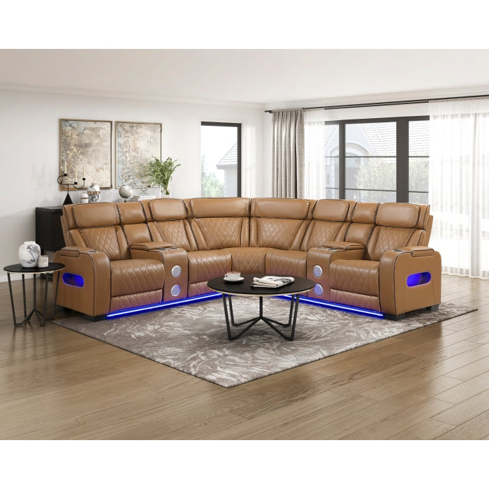 9516BRWS*32LCN2RCNPWH (3)3-Piece Power Reclining Sectional with Consoles, Power Headrests, Storage Arms(Top and Side), Cup holders, Charging Ports, Wireless speakers and LED lighting - 9516BRWS*32LCN2RCNPWH