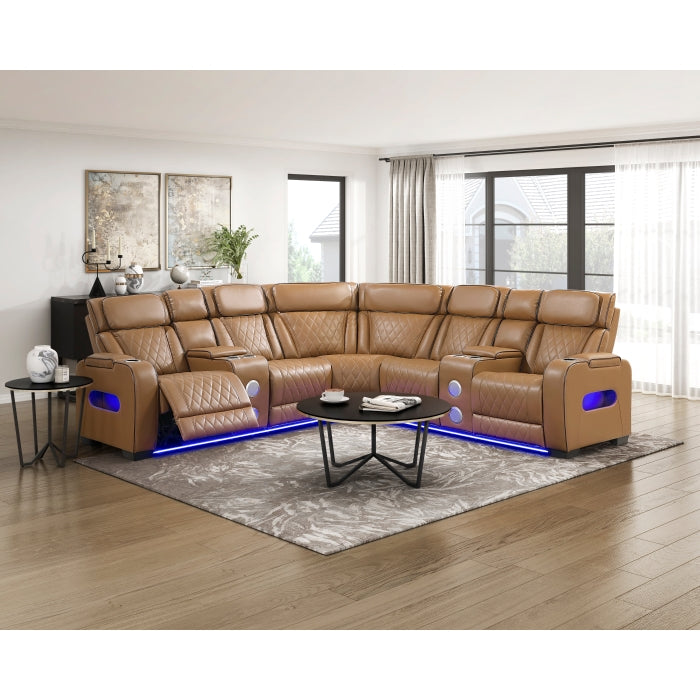 9516BRWS*32LCN2RCNPWH (3)3-Piece Power Reclining Sectional with Consoles, Power Headrests, Storage Arms(Top and Side), Cup holders, Charging Ports, Wireless speakers and LED lighting - 9516BRWS*32LCN2RCNPWH