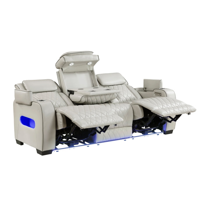 9516TPE-3PWH Power Double Reclining Sofa with Center Drop-Down Cup Holders, Power Headrests, Storage Arms(Top and Side), Cup holders and Reading Lights, Two Wireless Chargers, Charging Ports and LED Lighting - 9516TPE-3PWH