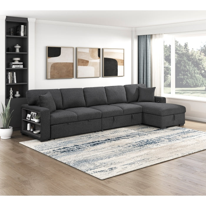 9630BK*32LRC (3)Sectional with Right Chaise, Pull-out Bed, Hidden Storages and Shelves, Charging Ports - 9630BK*32LRC