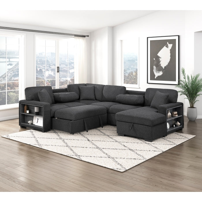 9630BK*42LRC (4)Sectional with Right Chaise, Pull-out Bed, Hidden Storages and Shelves, Charging Ports - 9630BK*42LRC