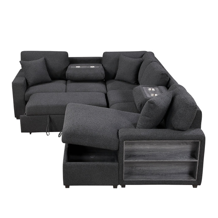 9630BK*42LRC (4)Sectional with Right Chaise, Pull-out Bed, Hidden Storages and Shelves, Charging Ports - 9630BK*42LRC