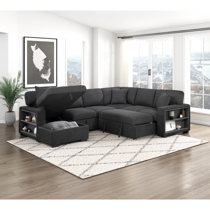 9630BK*4LC2R (4)Sectional with Left Chaise, Pull-out Bed, Hidden Storages and Shelves, Charging Ports - 9630BK*4LC2R