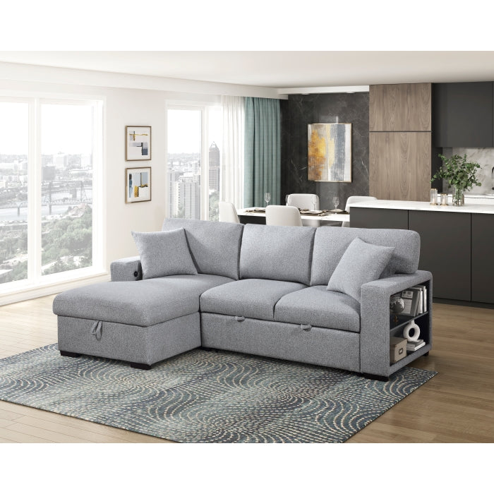 9630GY*2LC2R (2)Sectional with Left Chaise, Pull-out Bed, Hidden Storages and Shelves, Charging Ports - 9630GY*2LC2R