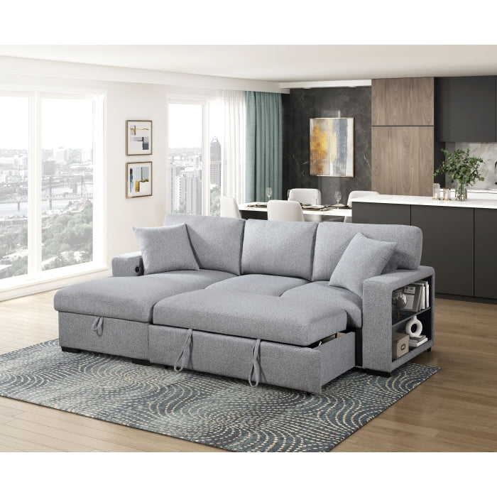9630GY*2LC2R (2)Sectional with Left Chaise, Pull-out Bed, Hidden Storages and Shelves, Charging Ports - 9630GY*2LC2R