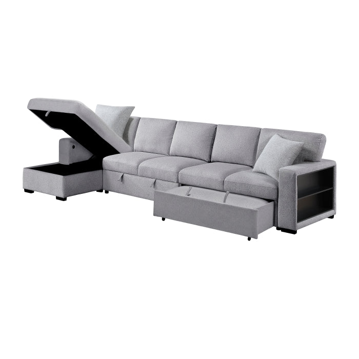 9630GY*3LC2R (3)Sectional with Left Chaise, Pull-out Bed Hidden Storages and Shelves, Charging Ports - 9630GY*3LC2R