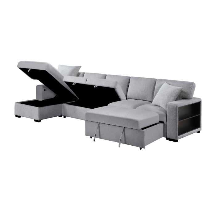 9630GY*3LC2R (3)Sectional with Left Chaise, Pull-out Bed Hidden Storages and Shelves, Charging Ports - 9630GY*3LC2R