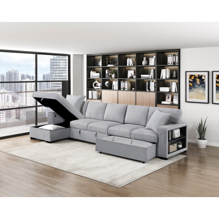 9630GY*3LC2R (3)Sectional with Left Chaise, Pull-out Bed Hidden Storages and Shelves, Charging Ports - 9630GY*3LC2R