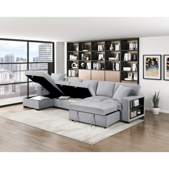 9630GY*3LC2R (3)Sectional with Left Chaise, Pull-out Bed Hidden Storages and Shelves, Charging Ports - 9630GY*3LC2R