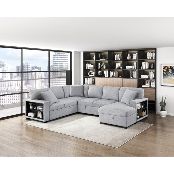 9630GY*42LRC (4)Sectional with Right Chaise, Pull-out Bed, Hidden Storages and Shelves, Charging Ports - 9630GY*42LRC