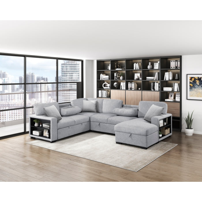 9630GY*42LRC (4)Sectional with Right Chaise, Pull-out Bed, Hidden Storages and Shelves, Charging Ports - 9630GY*42LRC