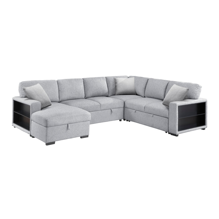 9630GY*4LC2R (4)Sectional with Left Chaise, Pull-out Bed, Hidden Storages  and Shelves, Charging Ports - 9630GY*4LC2R