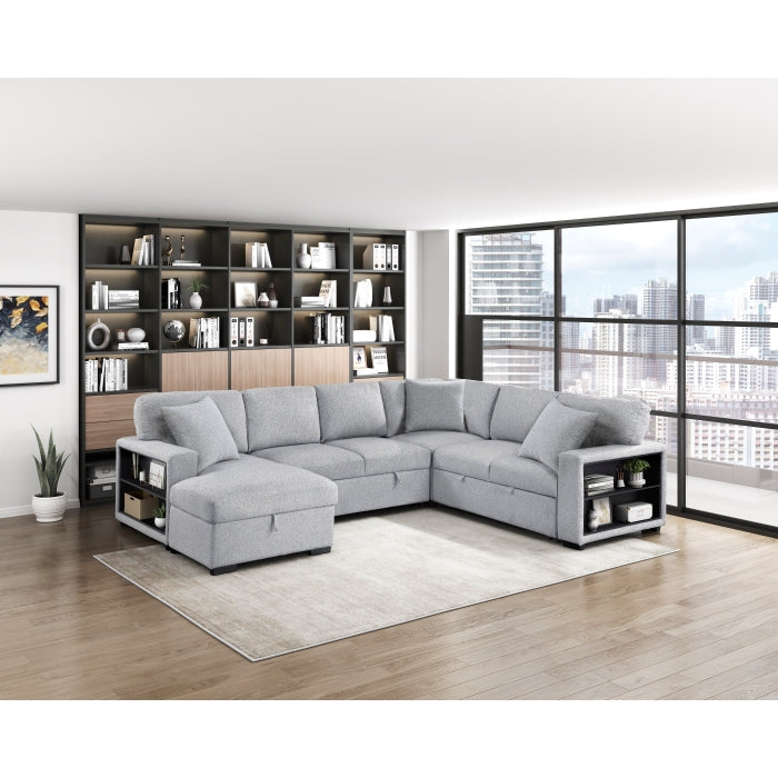 9630GY*4LC2R (4)Sectional with Left Chaise, Pull-out Bed, Hidden Storages  and Shelves, Charging Ports - 9630GY*4LC2R