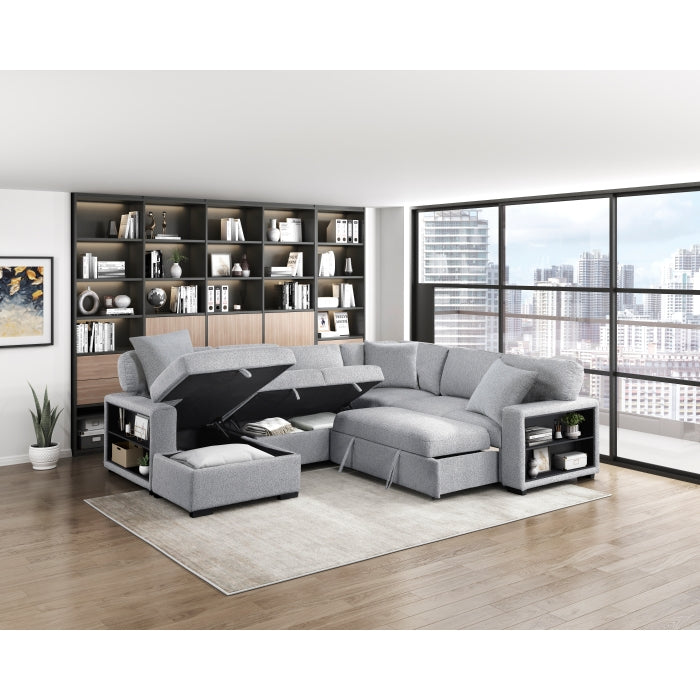 9630GY*4LC2R (4)Sectional with Left Chaise, Pull-out Bed, Hidden Storages  and Shelves, Charging Ports - 9630GY*4LC2R
