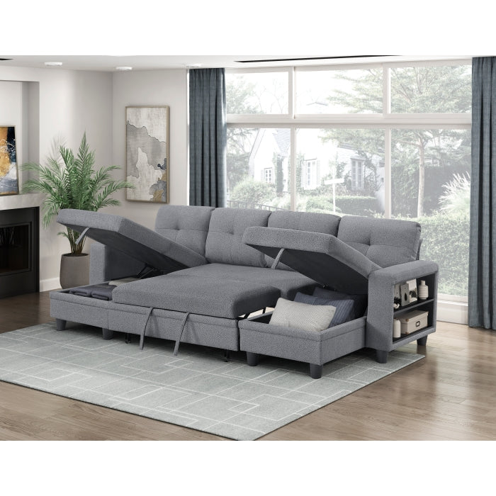 9705GY*42AVC (4)Sectional with Two Chaises, Pull-out Bed, Shelves and Charging Ports - 9705GY*42AVC