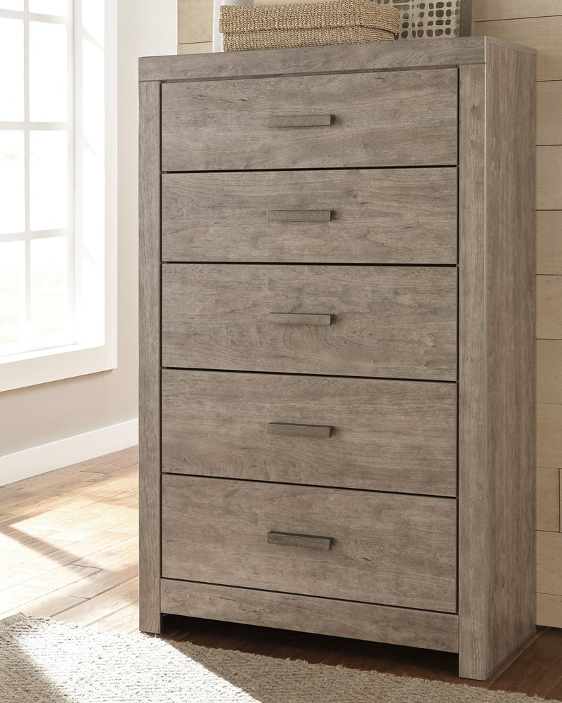 Culverbach Gray Queen Panel Bed with Mirrored Dresser, Chest and 2 Nightstands from Ashley - DMV Furniture