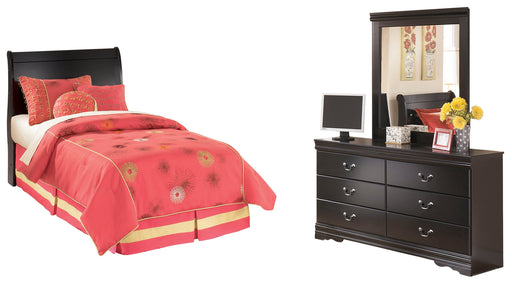 Huey Vineyard Black Twin Sleigh Headboard Bed with Mirrored Dresser from Ashley - DMV Furniture
