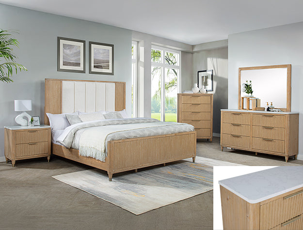 Kara Quenn Bed (Cerused Neutral) and Two Nightstand