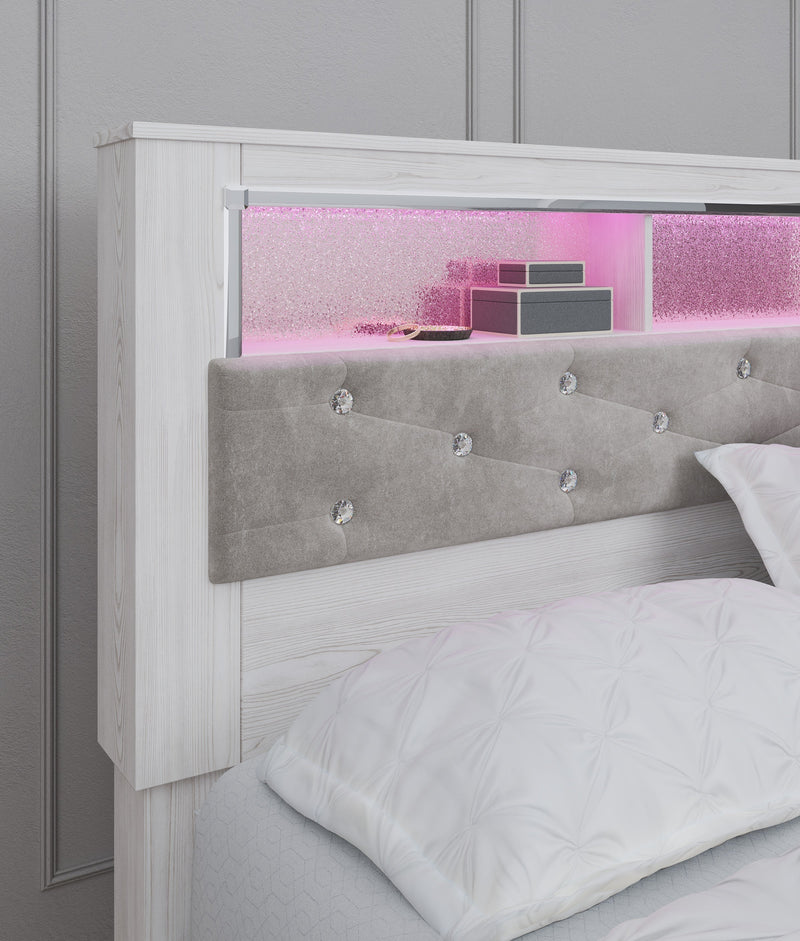 Altyra White LED Bookcase Upholstered Footboard Storage Platform Bedroom Set from Ashley - DMV Furniture