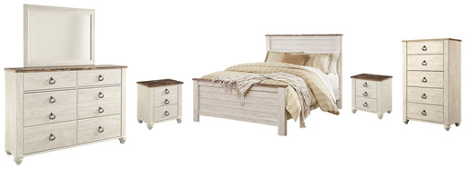 Willowton Whitewash Queen Panel Bed with Mirrored Dresser, Chest and 2 Nightstands from Ashley - DMV Furniture