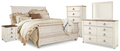 Willowton Whitewash King Sleigh Bed, Dresser, Mirror, Chest and Nightstand from Ashley - DMV Furniture