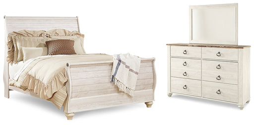 Willowton Whitewash Queen Sleigh Bed, Dresser and Mirror from Ashley - DMV Furniture