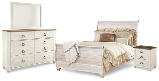 Willowton Whitewash Queen Sleigh Bed with Mirrored Dresser and Nightstand from Ashley - DMV Furniture