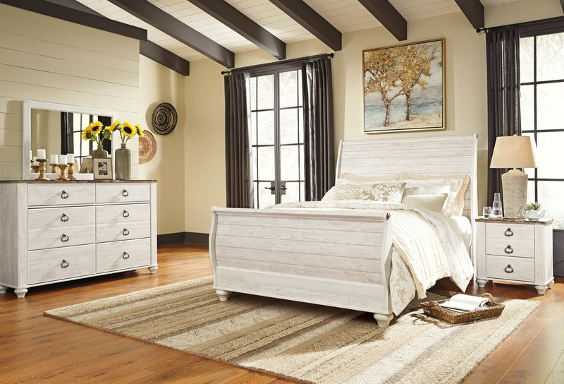 Willowton Whitewash Queen Sleigh Bed with Mirrored Dresser and Nightstand from Ashley - DMV Furniture