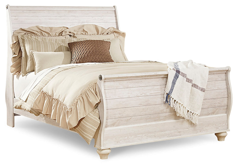 Willowton Whitewash Queen Sleigh Bed with Mirrored Dresser and Nightstand from Ashley - DMV Furniture