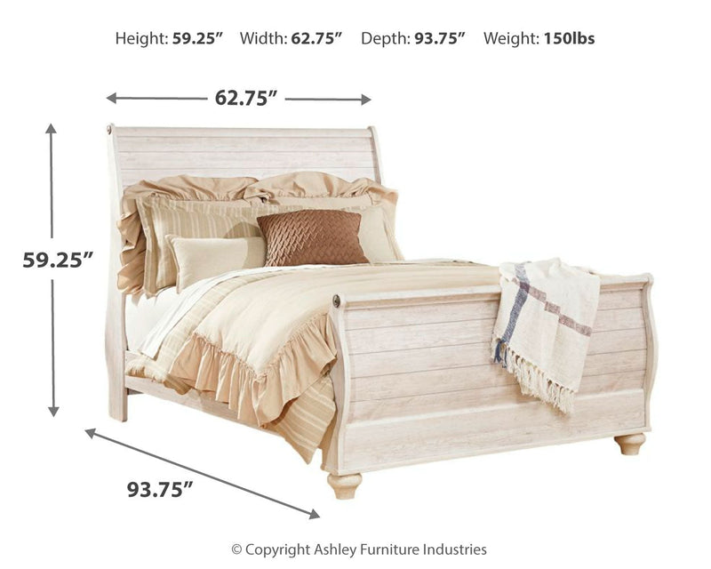 Willowton Whitewash Queen Sleigh Bed with Mirrored Dresser and Nightstand from Ashley - DMV Furniture