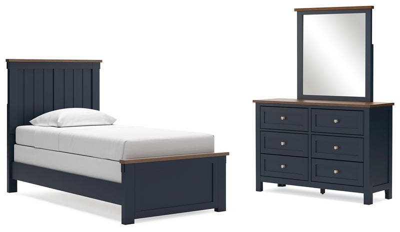 Landocken Twin Panel Bed, Dresser and Mirror in Brown/Blue from Ashley - DMV Furniture