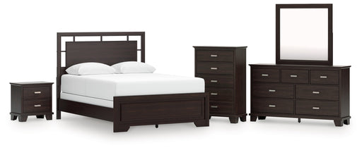 Covetown Dark Brown Queen Panel Bed, Dresser, Mirror, Chest and Nightstand from Ashley - DMV Furniture