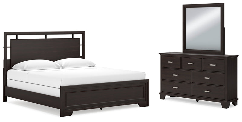 Covetown Dark Brown King Panel Bed with Mirrored Dresser from Ashley - DMV Furniture