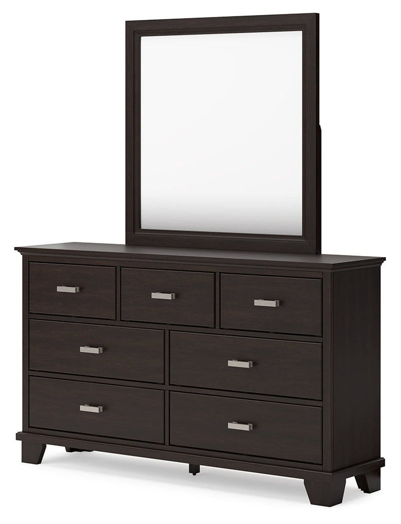 Covetown Dark Brown King Panel Bed with Mirrored Dresser from Ashley - DMV Furniture