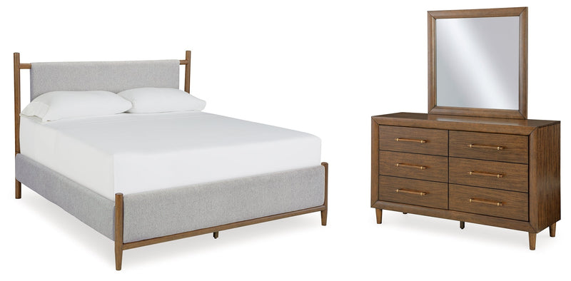 Lyncott Brown King Upholstered Bed with Mirrored Dresser from Ashley - DMV Furniture